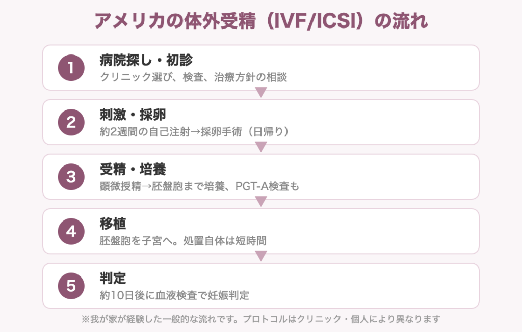 アメリカの体外受精(IVF/ICSI)の流れ: 病院探し&rarr;採卵&rarr;培養&rarr;移植&rarr;判定