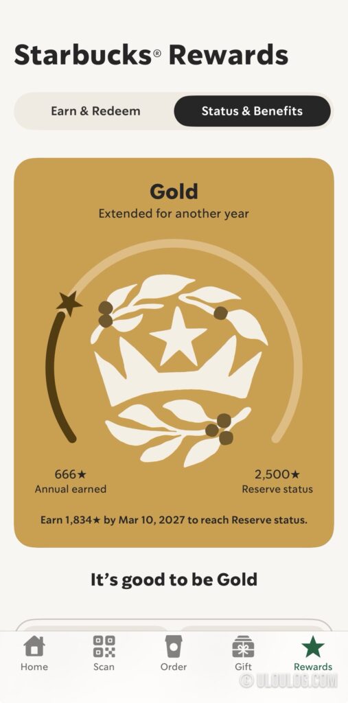 アメリカのスタバアプリに表示されたGold会員ステータス画面